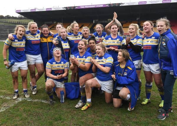 Leeds Rhinos Women's team celebrate their victory over Bradford Bulls.