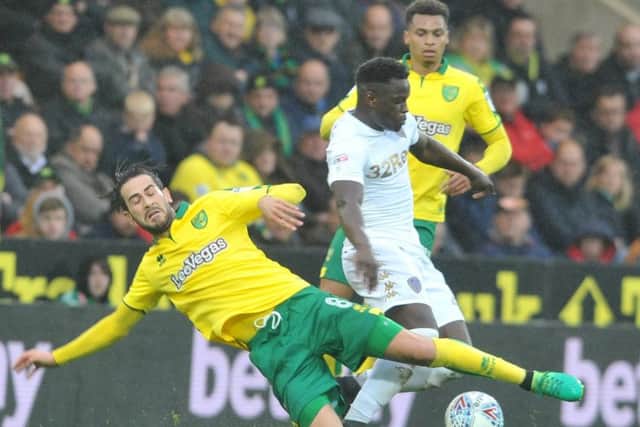 FRUSTRATING DAY: Leeds United's Ronaldo Vieira tackled by Norwich City's Mario Vrancic. Picture by Tony Johnson.