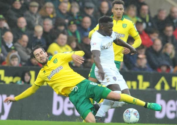 FRUSTRATING DAY: Leeds United's Ronaldo Vieira tackled by Norwich City's Mario Vrancic. Picture by Tony Johnson.