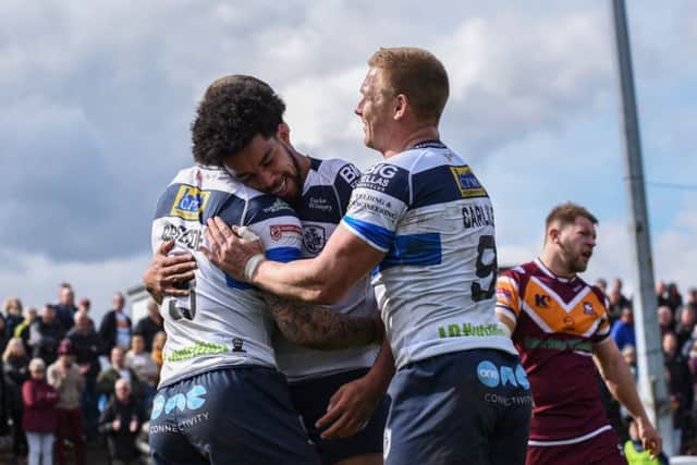 Josh Walters celebrates his try for Featherstone Rovers against Batley Bulldogs. PIC: Dec Hayes