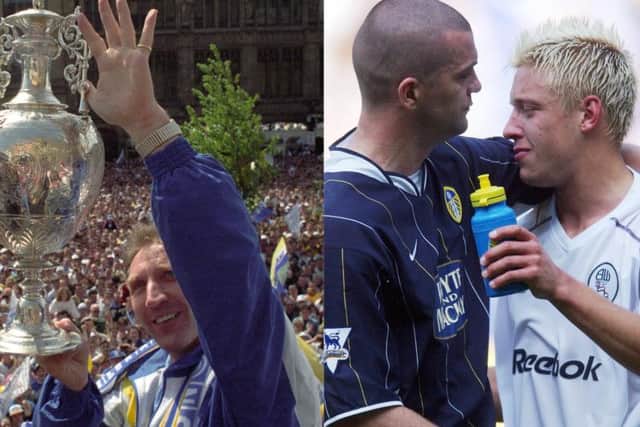 Howard Wilkinson (left) lifts the First Division trophy, while Dom Matteo consoles Alan Smith (right) following the Whites relegation.