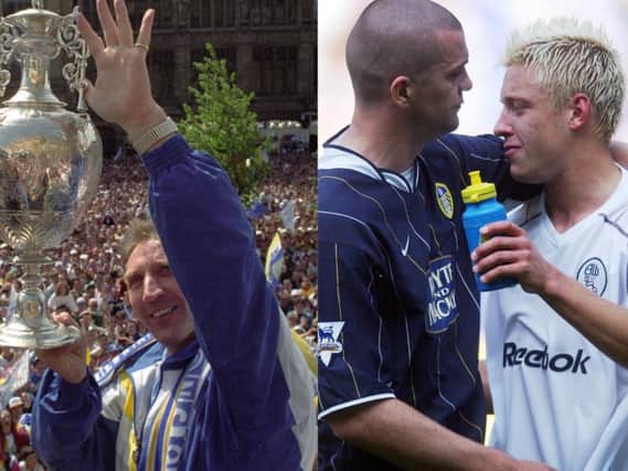 Howard Wilkinson (left) lifts the First Division trophy, while Dom Matteo consoles Alan Smith (right) following the Whites relegation.