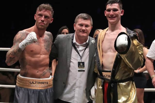 Drew Brown (right) Ricky Hatton and Leeds finalist Tom Young (left) after the Ultimate Boxxer final. PIC: Peter Byrne/PA Wire