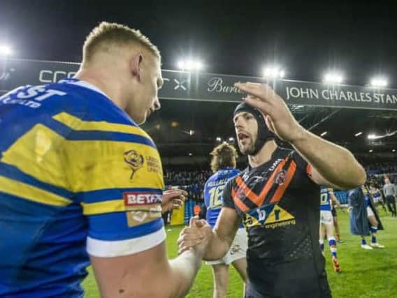 Castleford's Luke Gale, right, after their win against Leeds Rhinos at Elland Road earlier this season.