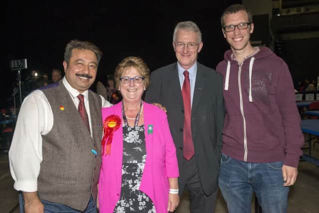 4 May 2018.
Local election vote count for Leeds at First Direct Arena.
Newly elected Beeston and Holbeck councillors, from the left, Gohar Almas, Angela Gabriel and Andrew Scopes with Leeds Central MP Hilary Benn.