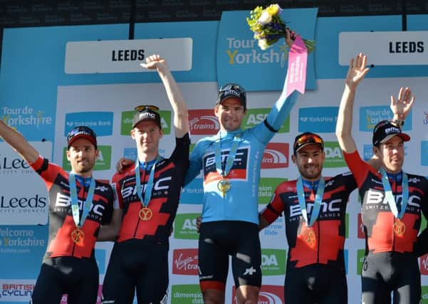 Overall 2018 Tour de Yorkshire winner Greg Van Arvermaet  and his winning BMC team. PIC: Bruce Rollinson