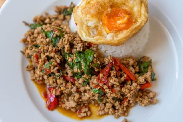 Date:  8th May 2018.
Picture James Hardisty.
Oliver restaurant review, Thai Aroy Dee, Vicar Lane, Leeds. Pictured Pad Ga-Prao Chicken/Pork/Beef with Rice. Stir-fried choice of minced meat with basil leaves, chillies, served with rice
