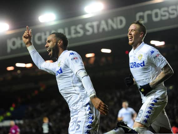 Kyle Bartley celebrates a goal during his loan at Leeds United.