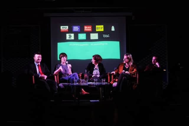 Leeds Digital Festival panel discussion, Are you plugged in? How digital is transforming news. From left, Greg Wright (Deputy Business Editor Yorkshire Post), Anna Doble (Editor Newsbeat Online BBC), Kate Nash (Director Of Education Leeds University School of Media & Communication), Ana Jakimovska (Head of Product Sky News) and Tom Philips (UK Editorial Director Buzzfeed).28th April 2016.Picture : Jonathan Gawthorpe
