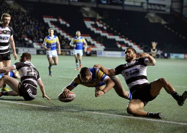 Stevie Ward scores Leeds' fourth try.