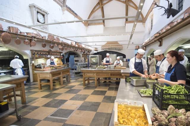 The royal kitchen at Windsor Castle where preparations are underway for the reception banquet after the wedding of Prince Harry and Meghan Markle.