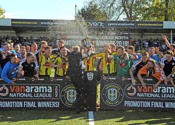 Harrogate Town celebrate promotion after beating Brackley 3-0. Picture: Tony Johnson.