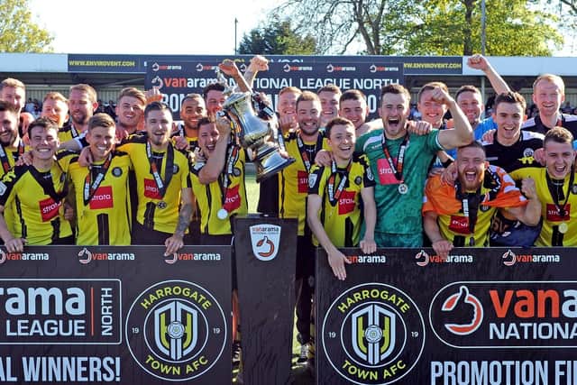 Harrogate Town celebrate promotion.