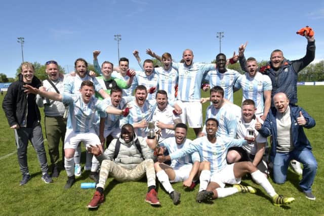 FC Armley celebrate their 2-1 Mawson Cup final win over Sporting Pudsey II, played at Farsley Celtic. PIC: Steve Riding