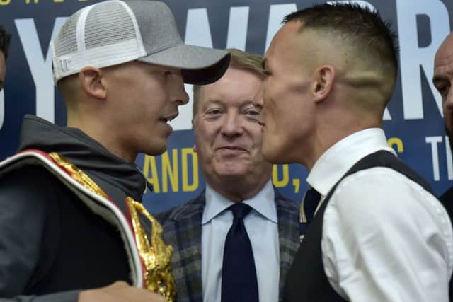 IBF featherweight champion Lee Selby squares up to Leeds' Josh Warrington. PIC: Steve Riding