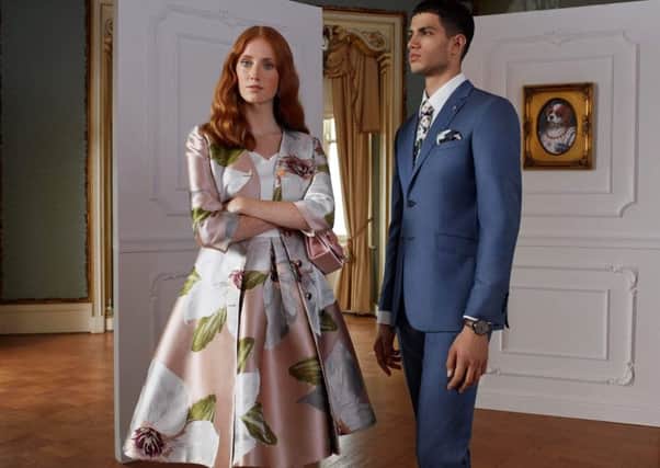 Chatsworth Bloom dress coat, Â£279; dress, Â£239; his suit and tie, all from a selection at Ted Baker.