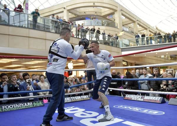 Josh Warrington spars in the ring at Trinity Leeds as he warms up for Saturday's world title challenge at Elland Road. Pictures by Steve Riding.