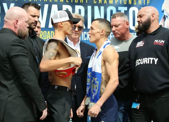 Lee Selby (left) and Josh Warrington during the weigh-in at Leeds Civic Hall. PRESS ASSOCIATION Photo. Picture date: Friday May 18, 2018. See PA story BOXING Leeds. Photo credit should read: Nigel French/PA Wire