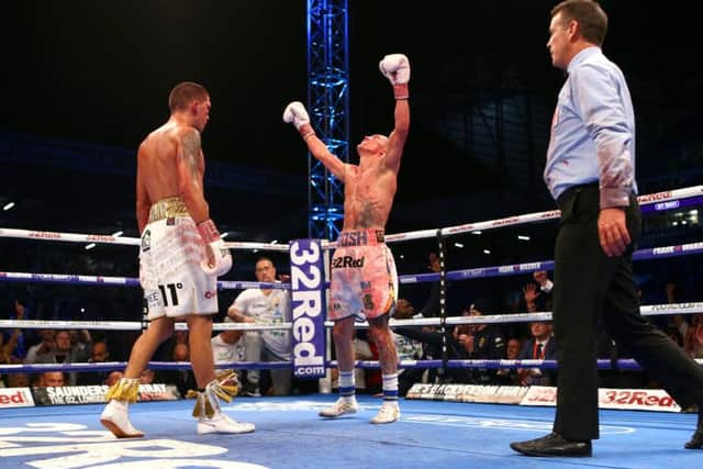 MOMENT OF TRUTH: Josh Warrington shows his elation ater beating Lee Selby to take the IBF World Featherweight at Elland Road. Picture: Dave Thompson/PA Wire