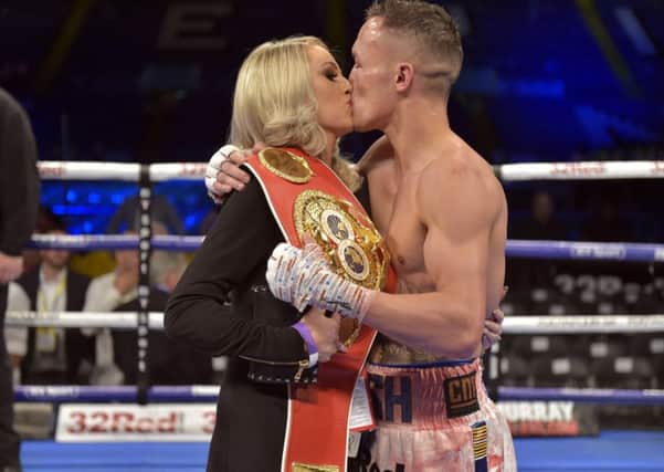Josh Warrington v Lee Selby World title fight at Elland Road, Leeds sat 19th may 2018
Josh won on points
Pictured with wife Natasha after his win