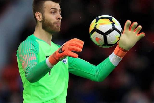 Manchester City goalkeeper Angus Gunn on international duty with England's Under-21s. Leeds United want to sign him this summer.