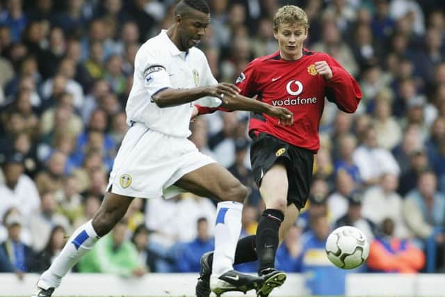 Lucas Radebe in action against Manchester United.