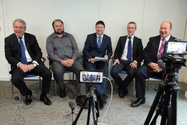 23 May 2018...... Ward Hadaway Fastest 50 winners in a  Facebook live debate.  Picture Tony Johnson. From left Philip Jordan of Ward Hadaway,  Shannon Harvey of Production Park, Greg Wright of The Yorkshire Post, Jonathan Simpson of Pure Retirement and Craig Such of Azzure IT