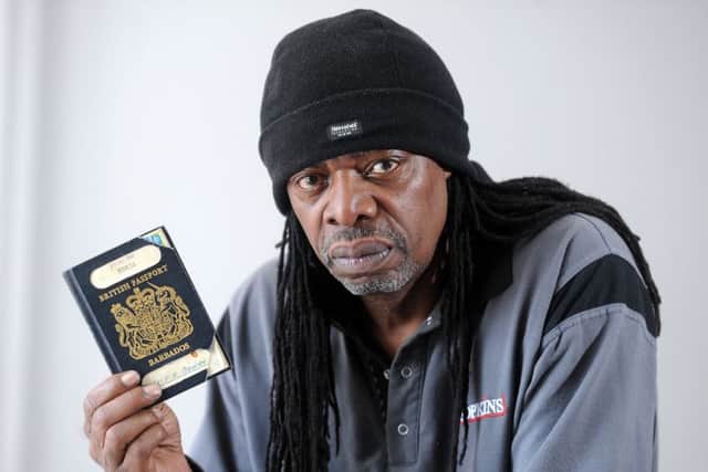 24 May 2018......   Windrush child Lorenzo Hoyte who came to Beeston in Leeds in the 1960s  was unable to attend his mother or his brothers funerals because he is not classed as a British citizen and canot get a passport to travel abroad. he was also unable to travel to the Moscow Olympics in 1980 or the Los Angeles games in 1984 to see his sister Josyln Hoyte-Smith compete in the women's 4x400m relay.Mt Hoyte, 61, now of Wrenthoprpe, Wakefield, works as a welder At Hopkins Catering Equipment in Pudsey. Lorenzo with his brothers Barbados passport he came into the country with as a child. Picture Tony Johnson.