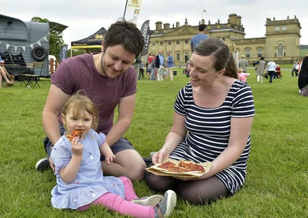 The Great British Food festival at Harewood sat 26th may 2018. open till Banl Holiday Monday
Little Maya Flockton aged 2 of Alwoodley tucks in with parents Scott and Hannah
