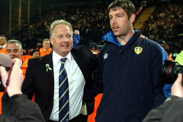 Manager Kevin Blackwell and captain Paul Butler celebrate Leeds United's play-off victory at Preston.
