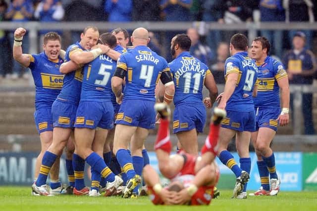 Leeds players celebrate their victory over Wigan in 2010.