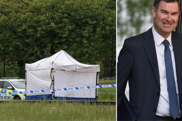 The scene of the stabbing, left, and right, Justice Secretary David Gauke. Photos: PA