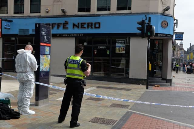 Scene of stabbing in Albion Street/Boar Lane, Leeds.28 May 2018.  Picture Bruce Rollinson