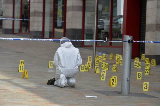 Scene of stabbing in Albion Street/Boar Lane, Leeds.28 May 2018.  Picture Bruce Rollinson