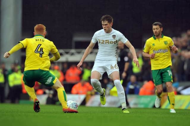 Talented England U21 left-back, Tom Pearce in action for Leeds United against Norwich. PIC: Tony Johnson