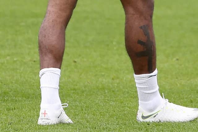 England's Raheem Sterling's leg during a training session at St George's Park, Burton. Nick Potts/PA Wire.