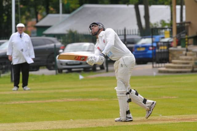 North Leeds batsman Taran Chana plays the ball in the air to be caught by Elliot Audsey off the bowling of Sam O'Sullivan for 10 runs. PIC: Steve Riding