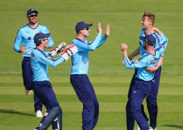 Yorkshire players celebrate a wicket against Warwickshire. Picture: Alex Whitehead/SWpix.com