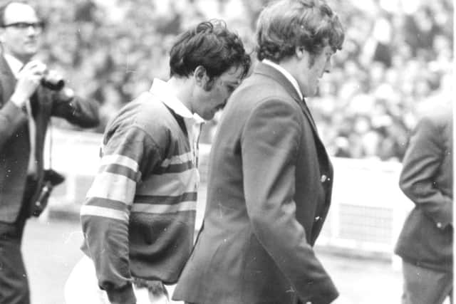 Syd Hynes leaves the field after being sent off in the 1971 Challenge Cup final.