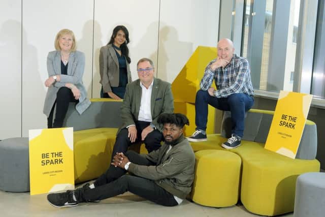 Backers of the Leeds City Region bid for Channel 4's new national HQ, left to right: Sally Joynson of Screen Yorkshire, independent filmmaker Suman Hanif, Roger Marsh who chairs the Leeds City Region, musician Dave-O and True North's Andrew Sheldon. Pictures by Tony Johnson.